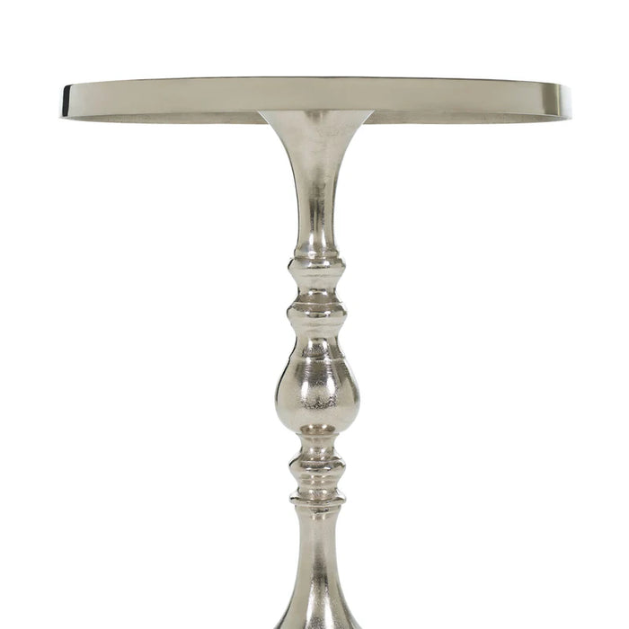 Side profile of Renwil Romina modern accent table in raw nickel finish