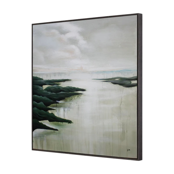 Angled view of Renwil Saltoro textured seaside canvas art with a dark brown floating frame