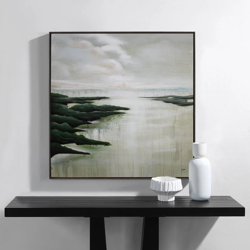 Renwil Saltoro coastal canvas art displayed above a contemporary console table