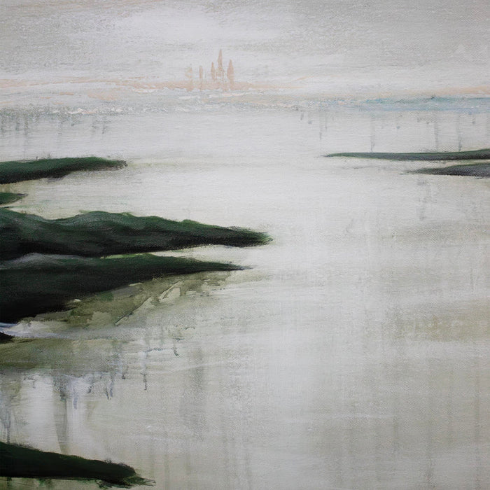 Close-up of the hand-painted coastal landscape and textured details on Renwil Saltoro canvas art