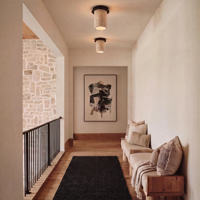 Renwil Umberto travertine ceiling lights installed along a warm contemporary hallway