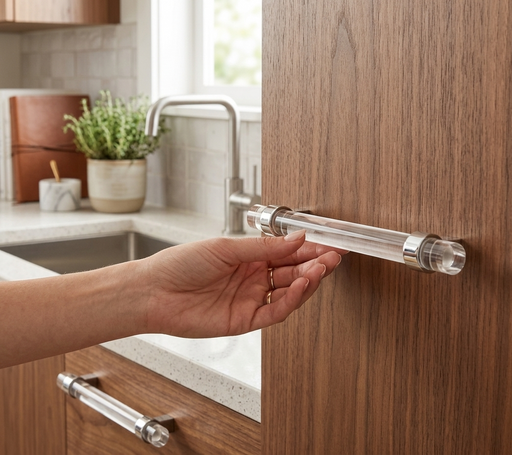 Richelieu 0206 glass cabinet pull installed on a warm wood kitchen cabinet