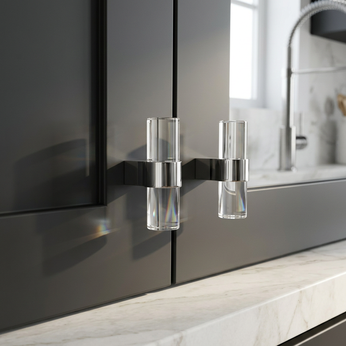 Richelieu 0206 glass and metal T-knobs installed on a room vanity