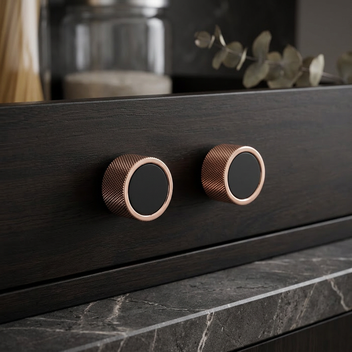 Richelieu 2065 cabinet knob set of 2 installed on dark cabinet drawers