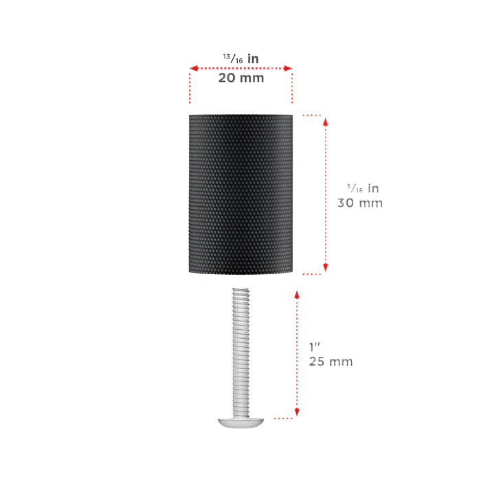 Richelieu 3060 matte black cabinet knob dimensions and mounting hardware diagram