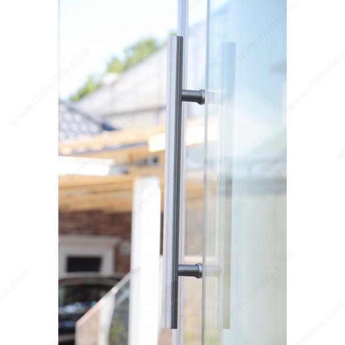 Richelieu 32 mm stainless steel ladder pull installed on a modern exterior glass entrance door