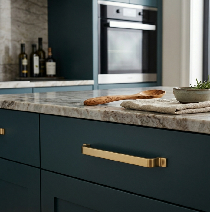 Richelieu 52003 modern metal cabinet pull in brushed aurum gold installed on a dark teal cabinet