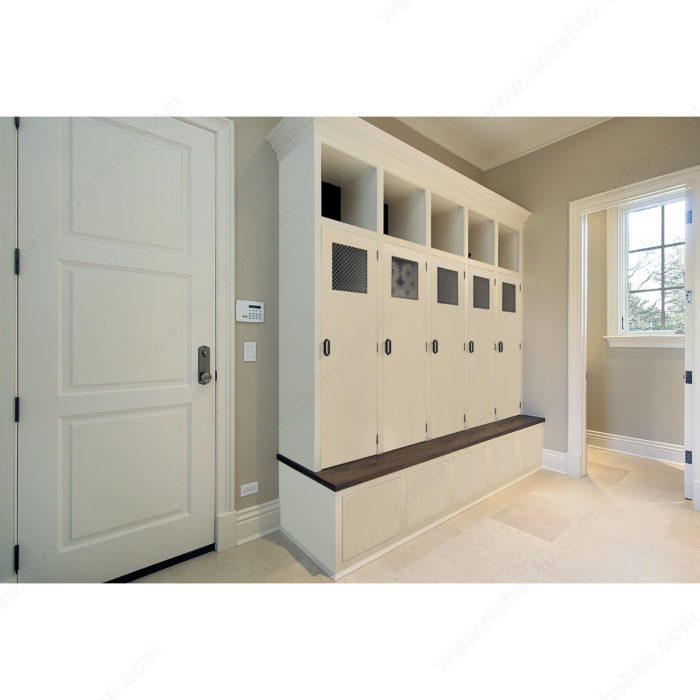Richelieu 5465 hexagon cabinet pull installed in a modern entryway storage space