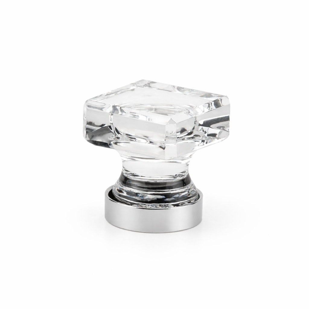 Richelieu 6926 modern glass cabinet knob angled view with chrome base