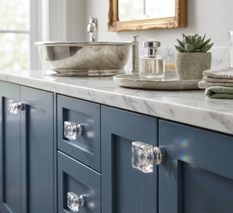 Richelieu 6926 modern glass cabinet knob installed on blue vanity drawer