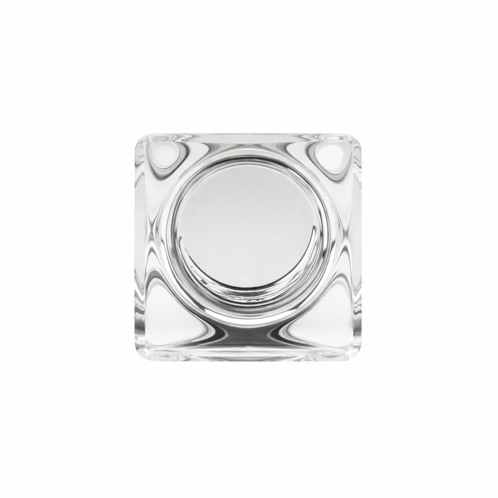 Top view of Richelieu 6926 modern square glass cabinet knob with chrome base