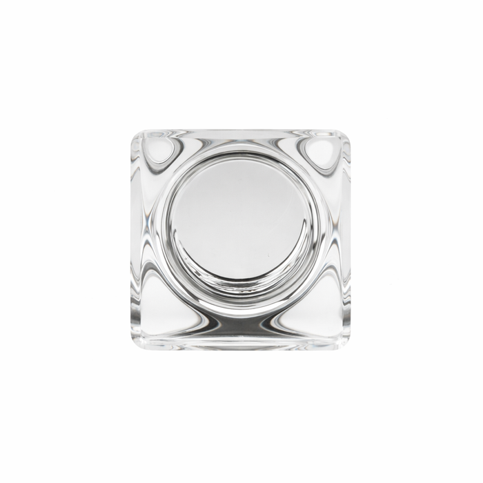 Top view of Richelieu 6926 modern square glass cabinet knob with chrome base