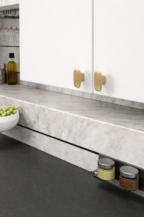 Richelieu 7345 cabinet knob installed on modern kitchen cabinetry