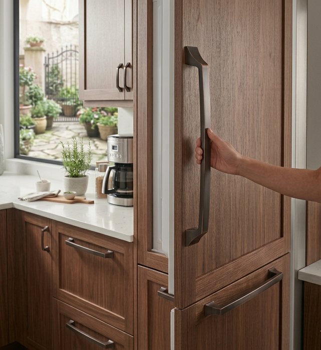 Richelieu 765 transitional appliance pull in brushed oil-rubbed bronze installed on panelled kitchen appliance