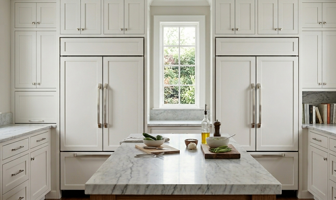 Richelieu 765 transitional metal appliance pulls installed in a bright kitchen setting