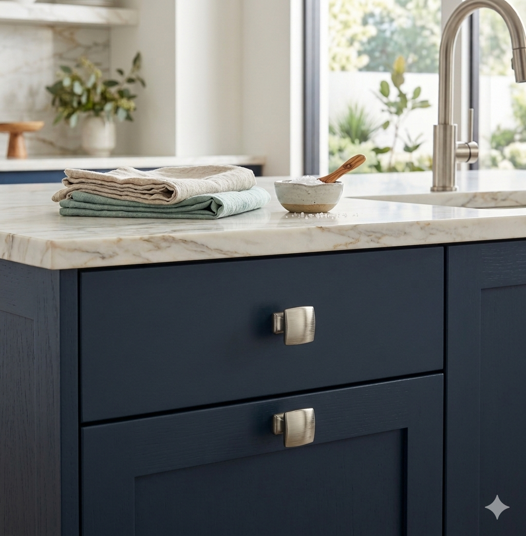Richelieu 7653 brushed nickel cabinet knob installed on blue cabinet drawer