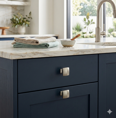 Richelieu 7653 brushed nickel cabinet knob installed on blue cabinet drawer