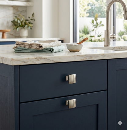 Richelieu 7653 brushed nickel cabinet knob installed on blue cabinet drawer