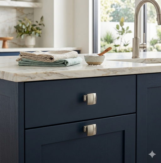 Richelieu 7653 brushed nickel cabinet knob installed on blue cabinet drawer