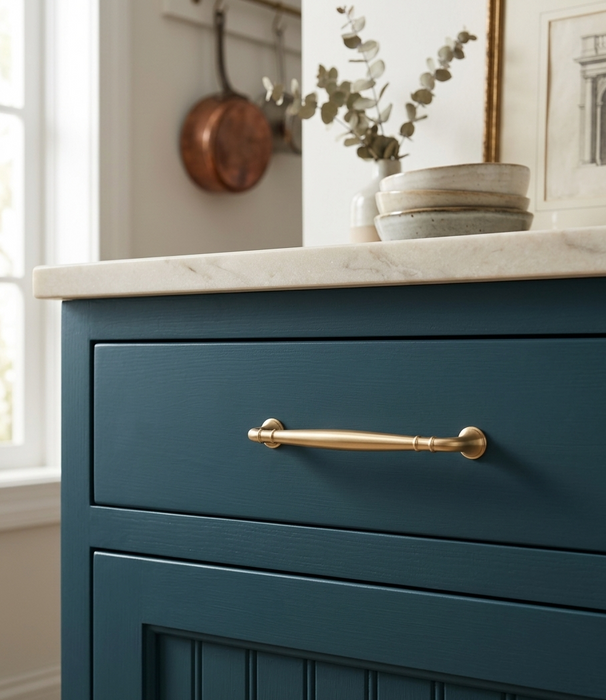 Richelieu 790 traditional metal pull in satin brass installed on a blue vanity drawer
