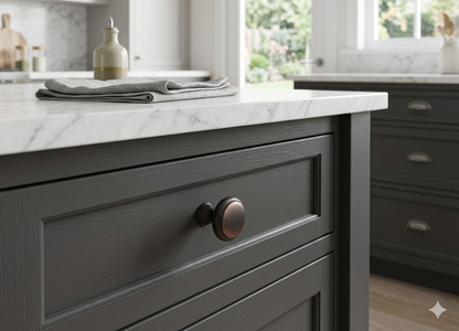 Richelieu 7903 cabinet knob installed on cabinetry in dark bronze finish