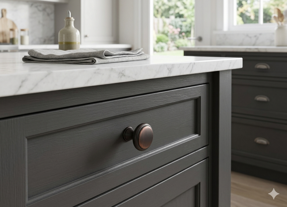 Richelieu 7903 cabinet knob installed on cabinetry in dark bronze finish