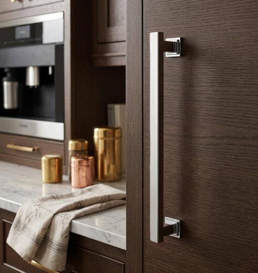Richelieu 8645 transitional metal appliance pull installed on a panelled appliance door