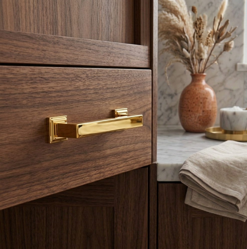 Richelieu 8645 transitional metal cabinet pull in brushed aurum gold installed on a wood cabinet