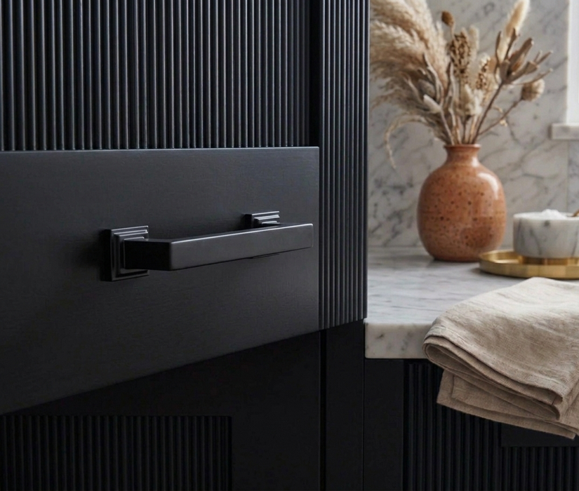 Richelieu 8645 transitional metal cabinet pull in matte black installed on a dark cabinet