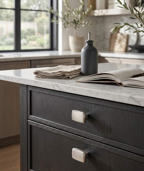 Richelieu 8655 brushed nickel cabinet knobs installed on dark wood dresser drawers