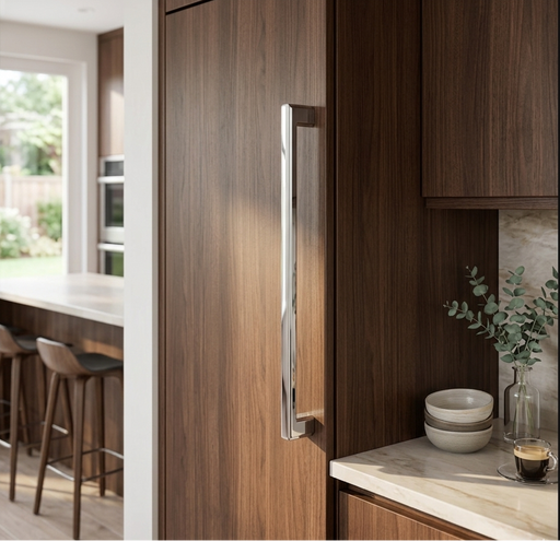 Richelieu 8655 modern metal appliance pull in chrome installed vertically on a warm wood kitchen cabinet panel