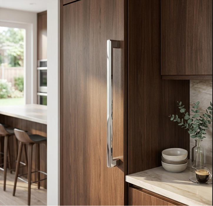 Richelieu 8655 modern metal appliance pull in chrome installed vertically on a warm wood kitchen cabinet panel