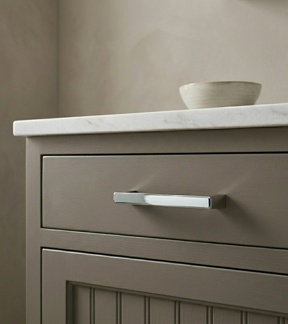 Richelieu 8655 modern metal pull in chrome installed on a taupe cabinet drawer