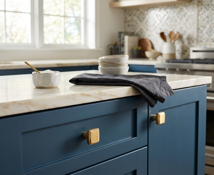 Richelieu 8655 brushed aurum gold square cabinet knob installed on blue vanity