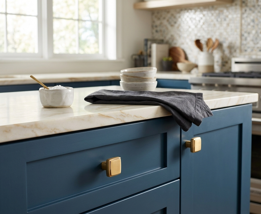 Richelieu 8655 brushed aurum gold square cabinet knob installed on blue vanity