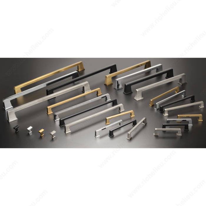 Richelieu 8695 transitional metal appliance pull shown in multiple finishes and sizes