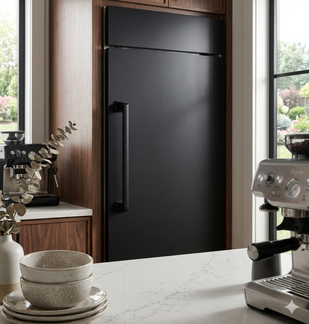 Richelieu 8695 transitional metal appliance pull in matte black installed vertically on a dark paneled refrigerator