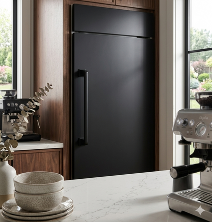 Richelieu 8695 transitional metal appliance pull in matte black installed vertically on a dark paneled refrigerator