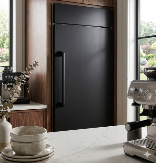 Richelieu 8695 transitional metal appliance pull in matte black installed vertically on a dark paneled refrigerator