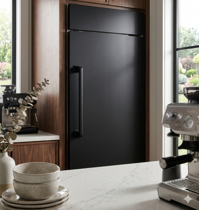 Richelieu 8695 transitional metal appliance pull in matte black installed vertically on a dark paneled refrigerator