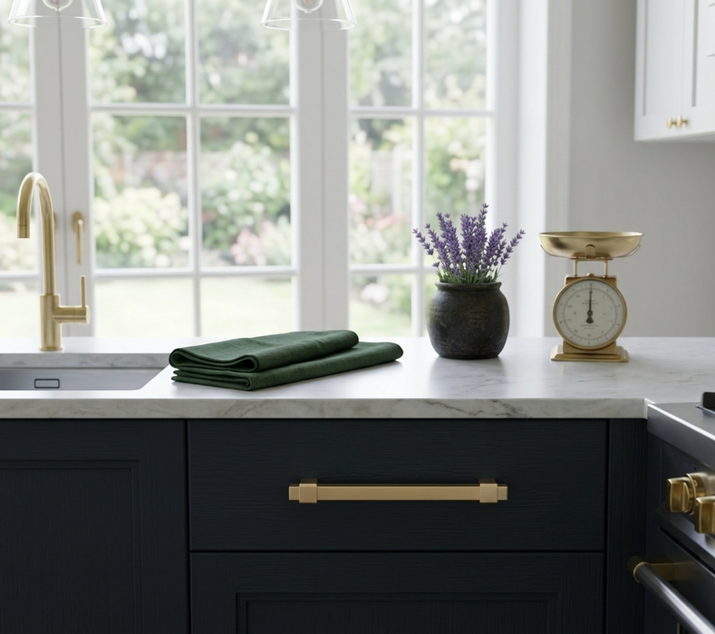 Richelieu 8715 geometric cabinet pull installed in a modern kitchen
