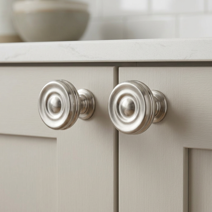 Richelieu 8725 brushed nickel cabinet knob set of 2 installed on light cabinet doors