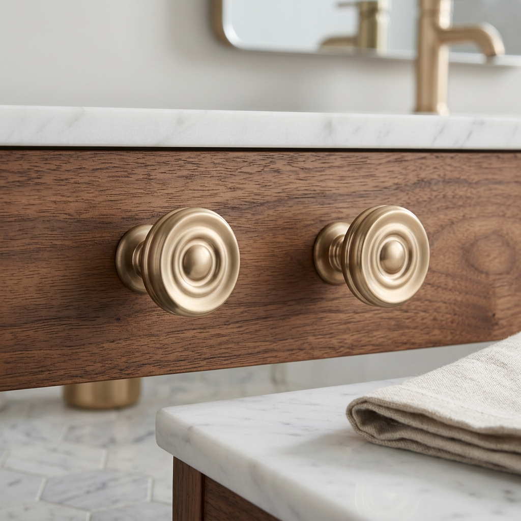 Richelieu 8725 champagne bronze cabinet knob set of 2 installed on wood vanity drawer