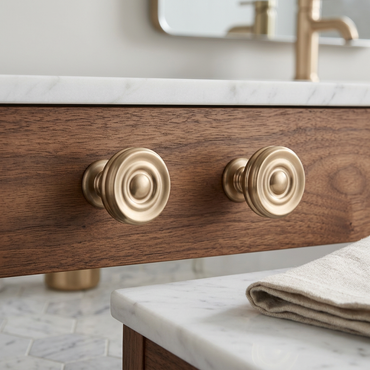 Richelieu 8725 champagne bronze cabinet knob set of 2 installed on wood vanity drawer