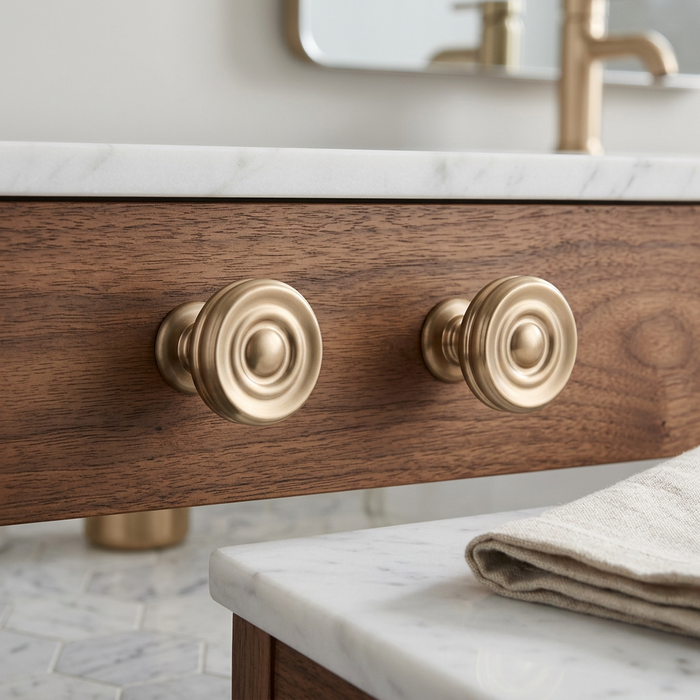 Richelieu 8725 champagne bronze cabinet knob set of 2 installed on wood vanity drawer