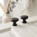 Richelieu 8726 matte black cabinet knob set of 2 installed on white cabinet