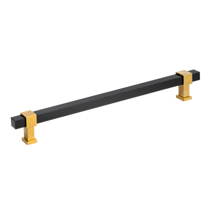 Richelieu 8747 modern metal pull in matte black and aurum gold finish angled view