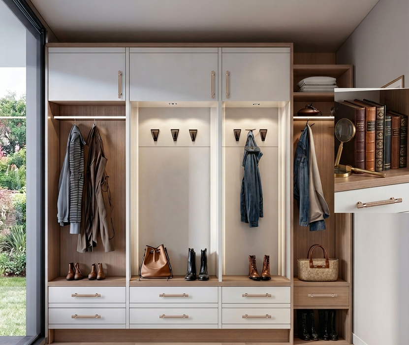 Richelieu 8997 knurled cabinet pull installed in a modern closet space