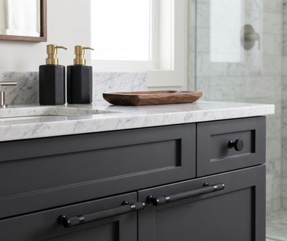 Richelieu 8997 knurled cabinet pull installed on a modern bathroom vanity