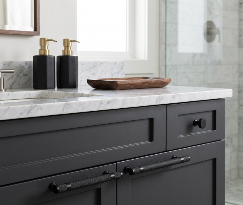 Richelieu 8997 knurled cabinet pull installed on a modern bathroom vanity